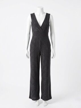 NWT BCBG Black Metallic Shimmer Sparkle V-Neck Wide-Leg Jumpsuit Size Small